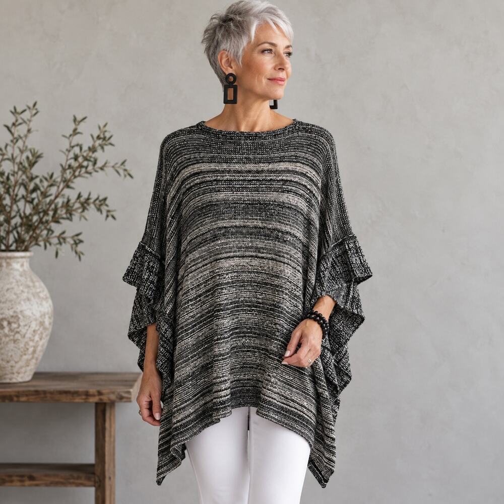 Sole Society Tan & Black Ruffle Sweater Knit Poncho One Size